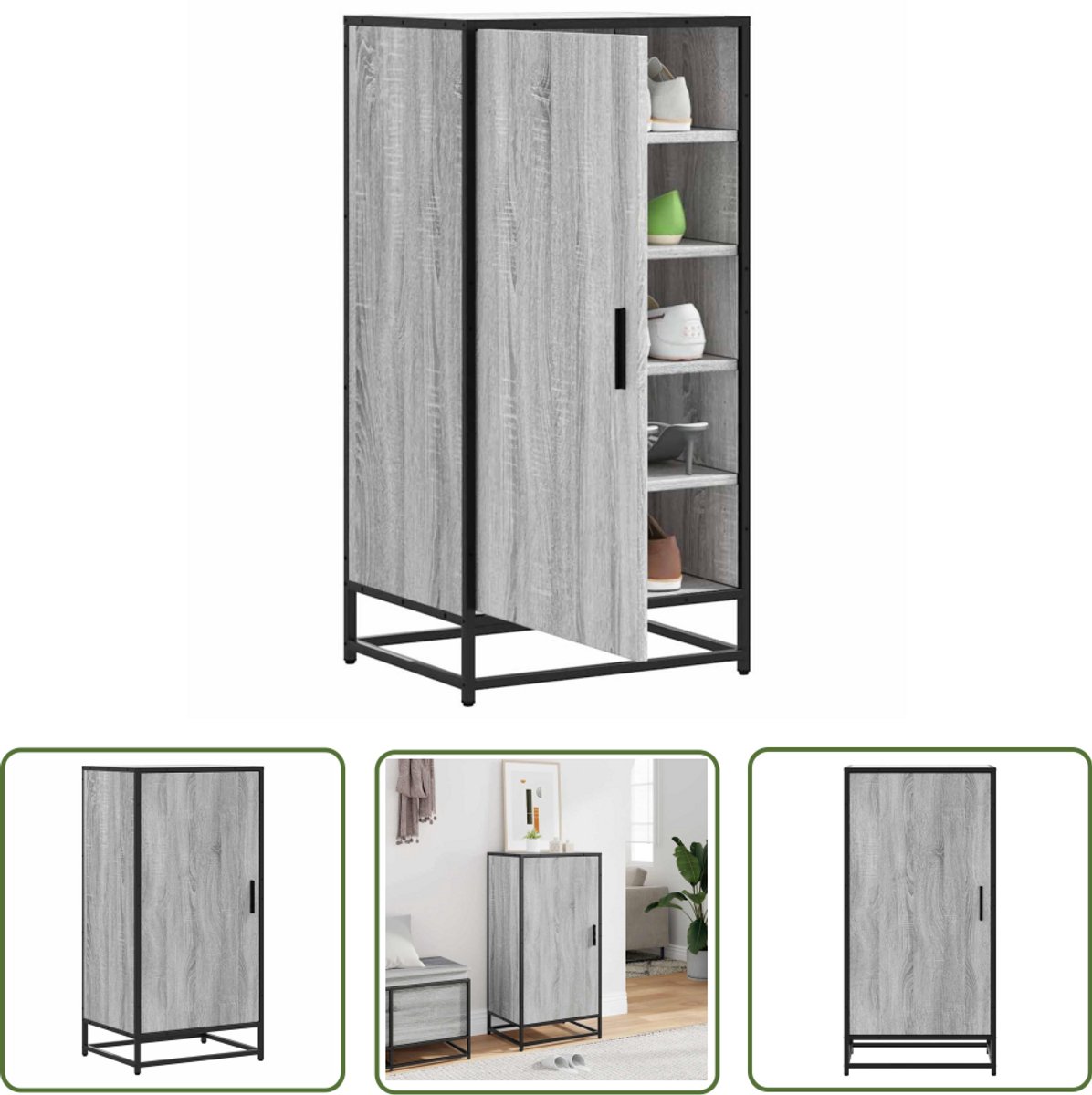 vidaXL Houten Schoenenrek - Schoenenrek - Schoenenrek 48x38x97,5 cm bewerkt hout grijs sonoma eikenkleur - Grijze Schoenenkast - Schoenenopbergers - Entree Kast (8025340386968)