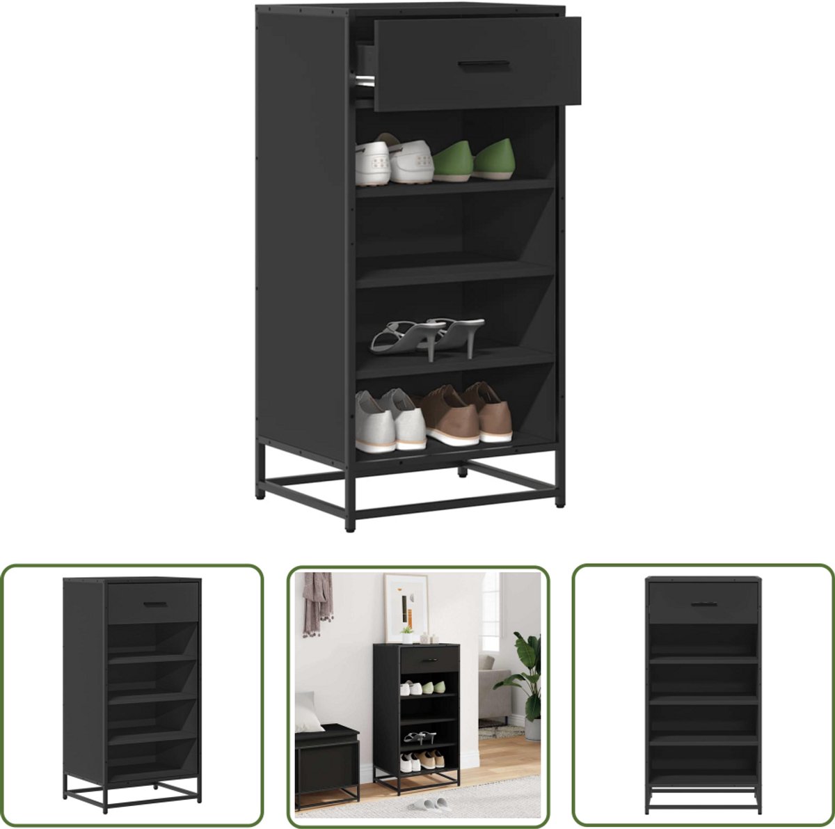 vidaXL Houten Schoenenrek - Schoenenrek - Schoenenrek 48x38x97,5 cm bewerkt hout zwart - Schoenenopbergers - Kast Voor Schoenen - Organisatie Schoenen (8025340328401)