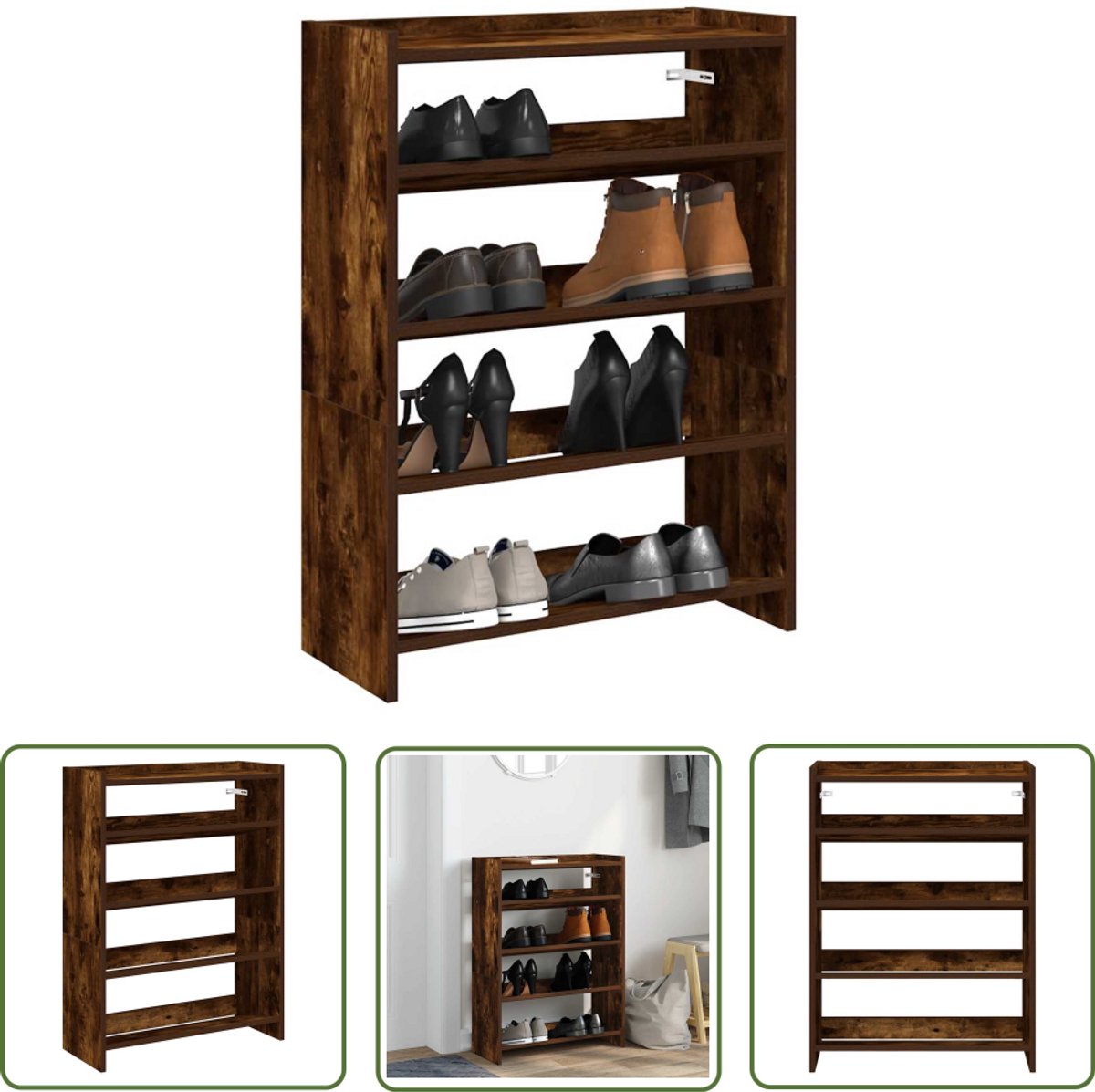 vidaXL Houten Schoenenrek - Schoenenrek - Schoenenrek 60x25x81 cm bewerkt hout gerookt eikenkleurig - Schoenenkast - Entree Kast - Bergruimte (8025340899734)