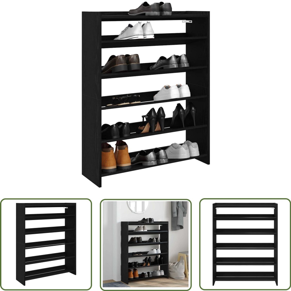 vidaXL Houten Schoenenrek - Schoenenrek - Schoenenrek 80x25x100 cm bewerkt hout zwart - Schoenenkast - Entree Kast - Gang Kast (8025340323871)