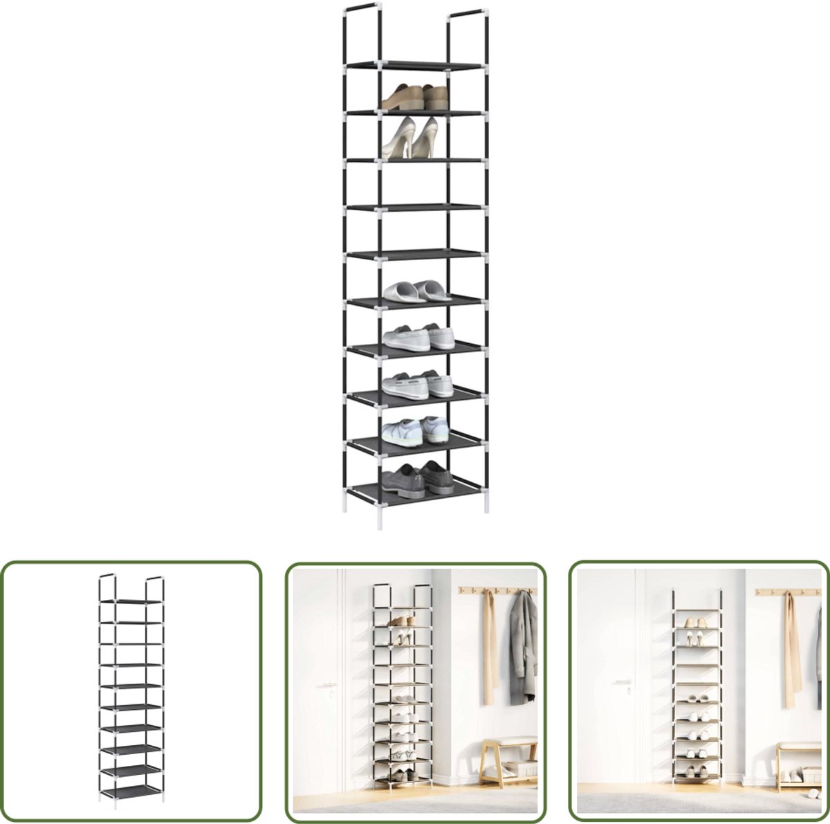vidaXL Schoenen Organisatie - Schoenenrek - Schoenenrek 10-laags 44x28x180 cm nonwoven stof zwart - Schoenen Kast - Entree Meubel - Garderobe Organizer (8025340429283)
