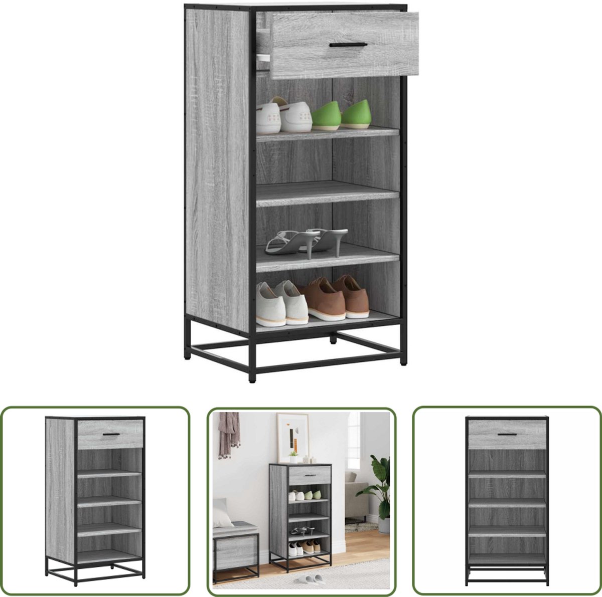 vidaXL Schoenen Organisatie - Schoenenrek - Schoenenrek 48x38x97,5 cm bewerkt hout grijs sonoma eikenkleur - Houten Schoenenrek - Grijze Schoenenkast - Compact Schoenenrek (8028506503384)