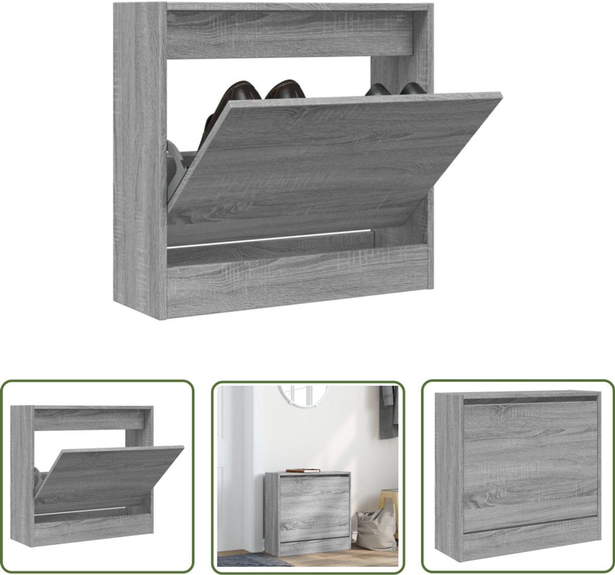 vidaXL Schoenen Rek - Schoenenkast - Schoenenkast 60x21x57 cm bewerkt hout grijs sonoma eikenkleurig - Houten Schoenenkast - Grijze Schoenenkast - Compacte Schoenenkast (8721194387044)