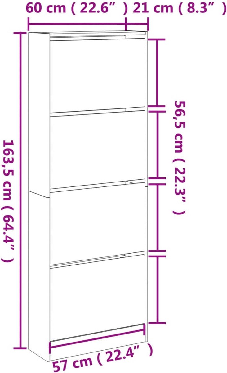 vidaXL - Schoenenkast - 60x21x163,5 - cm - bewerkt - hout - bruin - eikenkleur (8721012381452)