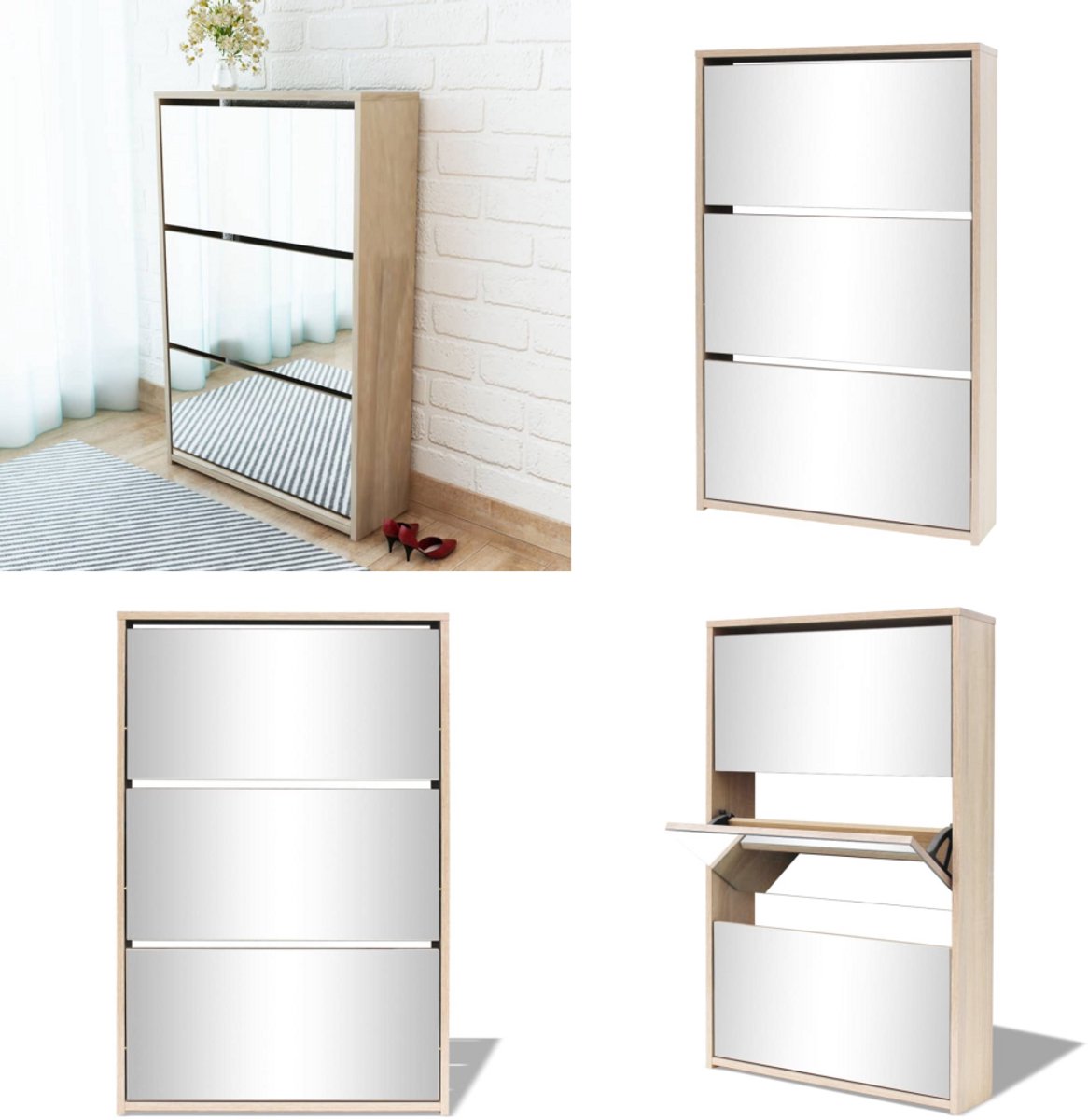vidaXL Schoenenkast drielaags met spiegel 63x17x102,5 cm eiken - Schoenenkast - Schoenenkasten - Schoenen Kast - Schoenen Kasten (8222034682904)
