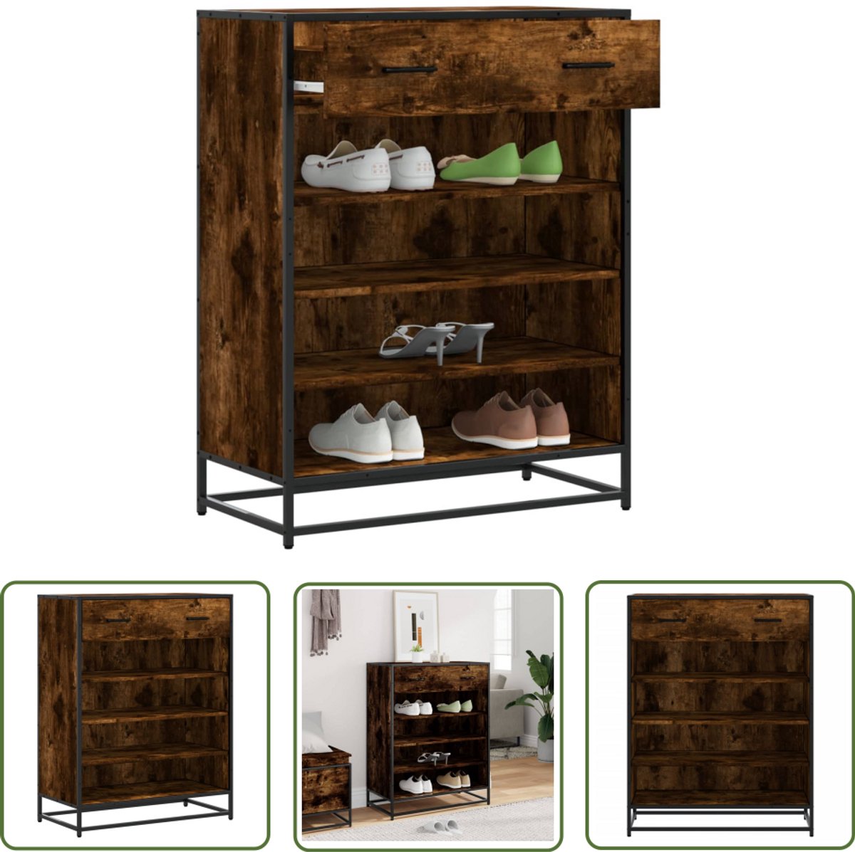 vidaXL Schoenenopbergers - Schoenenkast - Schoenenkast 75x38x97,5 cm bewerkt hout en metaal gerookt eiken - Bergruimte - Entree - Hallenkasten (8030605645438)