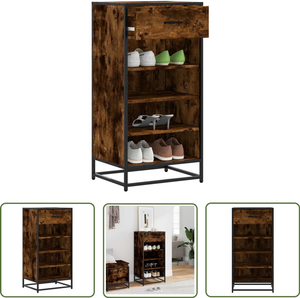 vidaXL Schoenenopbergers - Schoenenrek - Schoenenrek 48x38x97,5 cm bewerkt hout gerookt eikenkleurig - Houten Schoenenrek - Vintage Schoenenrek - Roestvrijstalen Schoenenrek (8017023861183)