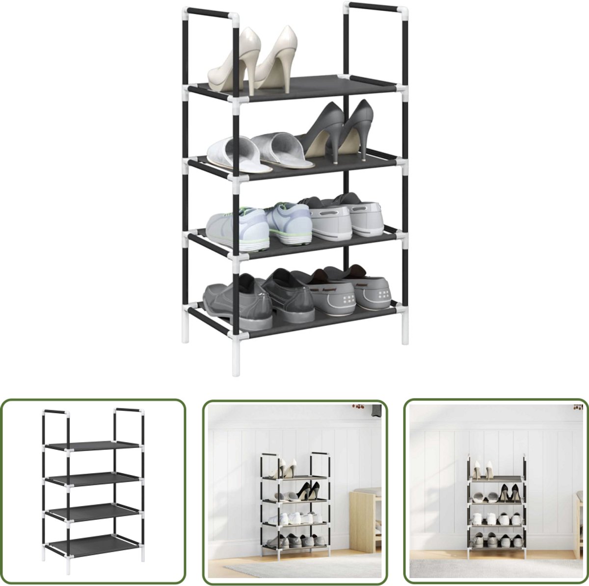 vidaXL Schoenenrek - Schoenenkast - Schoenenrek 4-laags 44x28x77 cm nonwoven stof zwart - Schoenenopberg - Organisatie - Interieurdecoratie (8025340429863)