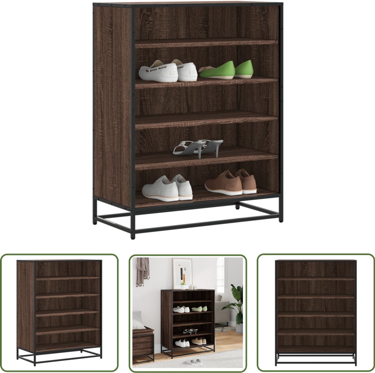 vidaXL Schoenuitleg - Schoenenkast - Schoenenkast 75x38x97,5 cm bewerkt hout en metaal bruin eiken - Bergruimte - Kast - Houten Kast (8018594562066)