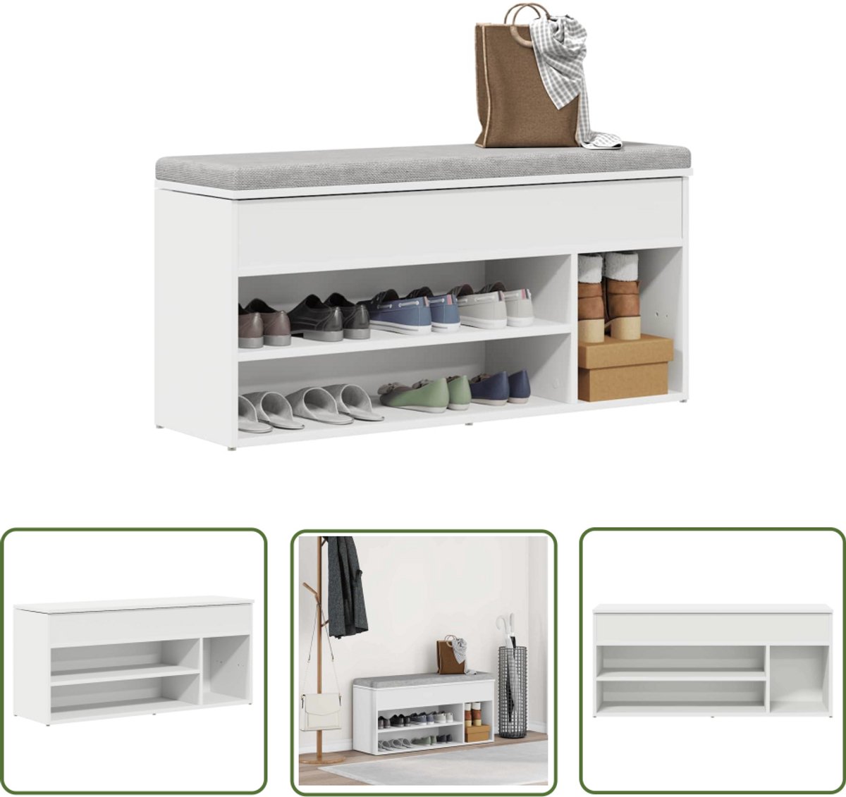 vidaXL Schoenuitlegers - Schoenenbank - Schoenenbank 102x30,5x45 cm bewerkt hout wit - Houten Bank - Opbergruimte - Entree Meubel (8019184001668)