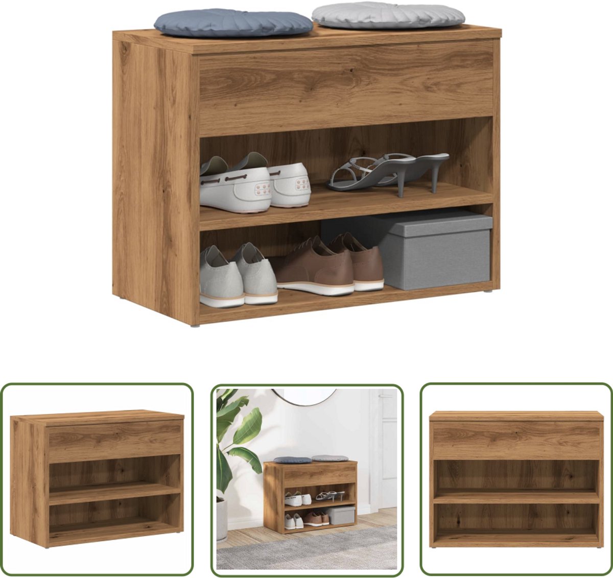 vidaXL Schoenuitlegers - Schoenenbank - Schoenenbankje 60x30x45 cm bewerkt hout artisanaal eikenkleur - Houten Schoenenrek - Opbergbench - Entree Meubel (8012520141417)