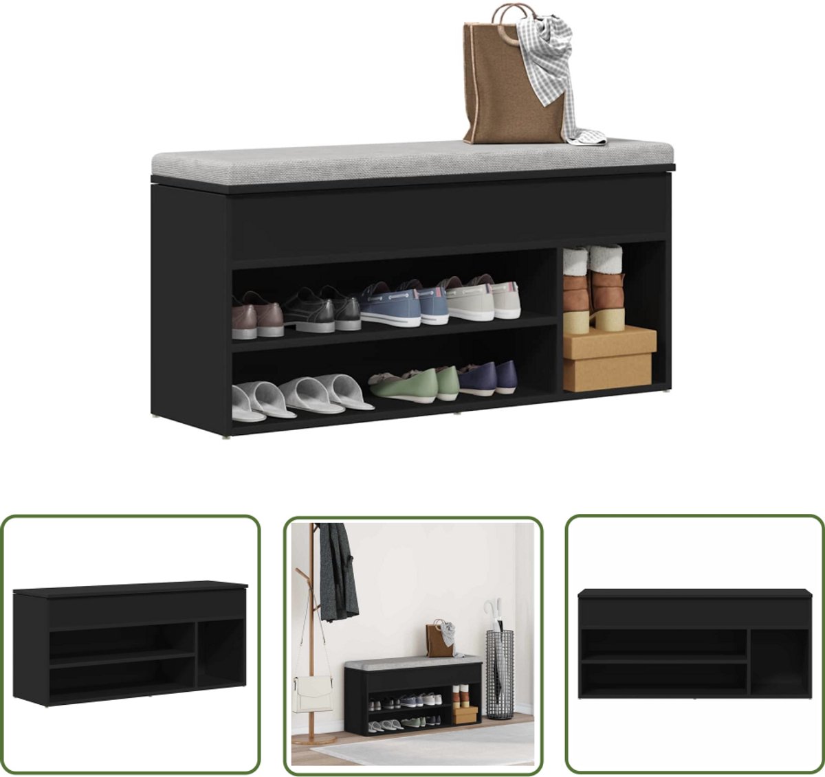 vidaXL Schoenuitlegger - Schoenenbank - Schoenenbank 102x30,5x45 cm bewerkt hout zwart - Houten Bank - Zwarte Schoenenbank - Opbergruimte (8019184001514)