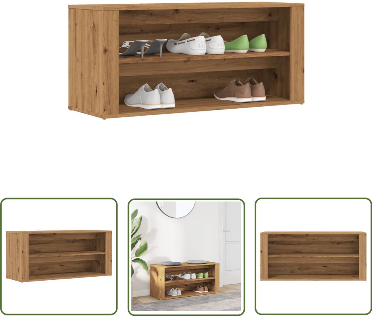 vidaXL Schoenuitlegkast - Schoenenbankje - Schoenenbankje 100x35x45 cm bewerkt hout artisanaal eikenkleur - Entreetafel - Houten Schoenenrek - Bergruimte (8025340241335)