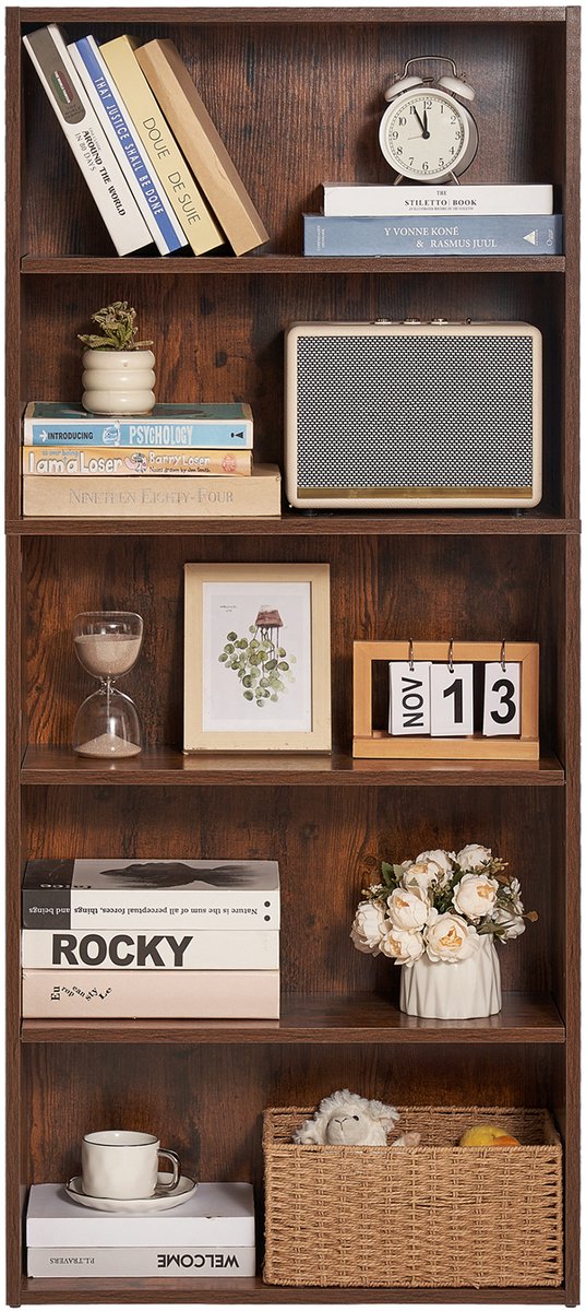 5 - Smalle Boekenkast, Een 53 Inch Grote Open Boekenkast Van Hout. met In Hoogte Verstelbare Planken. Een Vrijstaande, Hoge Tentoonstellings- En Opbergkast voor Op De Vloer (8721334111751)