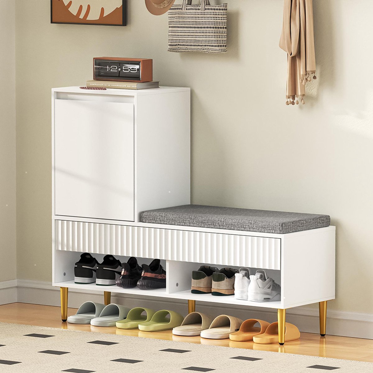 BLACKCOLORS - Moderne schoenenkast met bank - 1 deur - 2 lades - 2 open opbergvakken - Gestoofeerd - Wit (6089784479503)