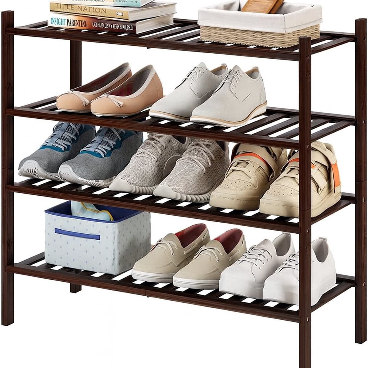 BOTC Schoenenrek - 4 Lagen - 64x68x28cm - Bamboe - In elkaar te stapelen - Praktisch Schoenenrek - Opbergrek - Woonkamer, slaapkamer & hal - Donkerbruin (8721049728107)