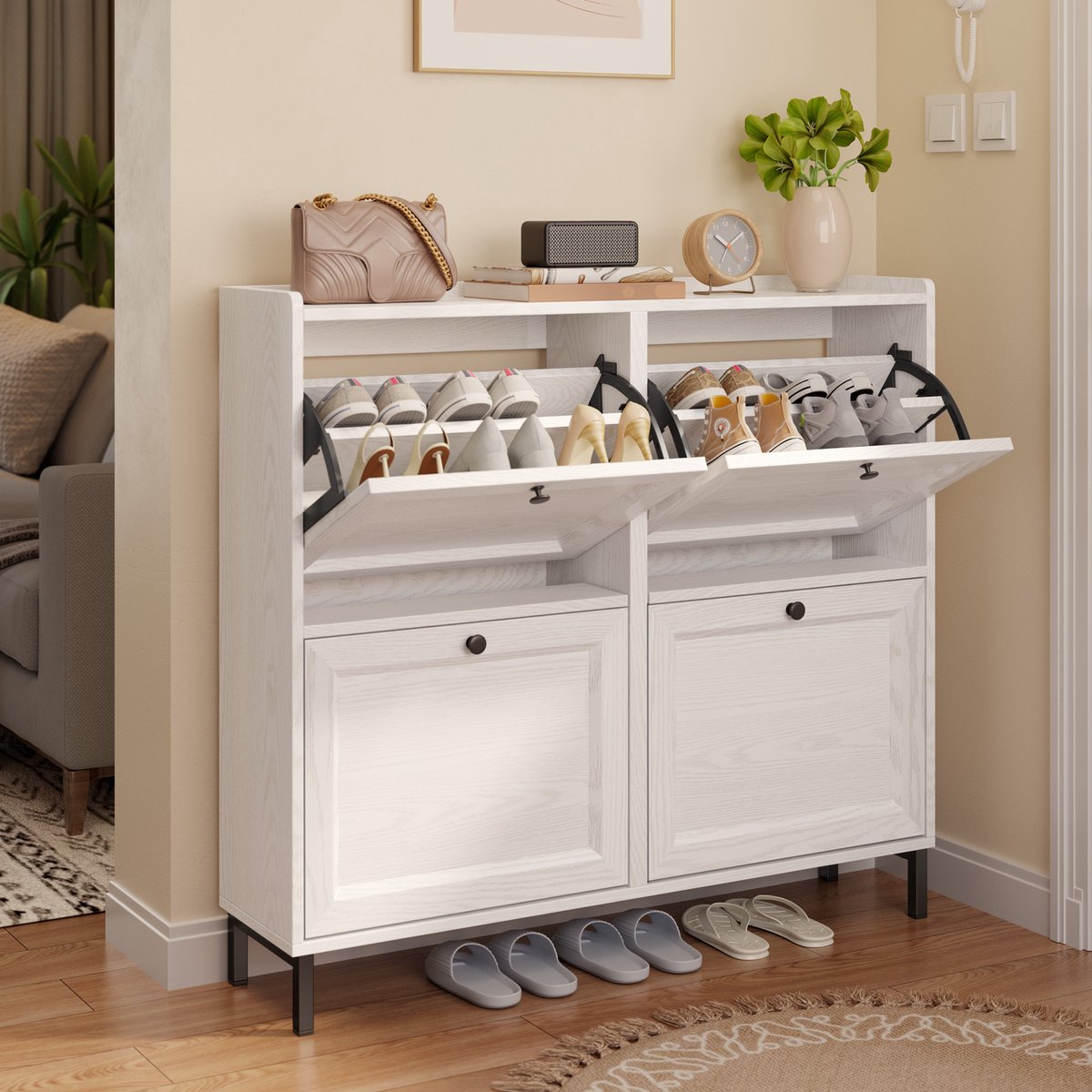 Bealife FS53 Schoenenrek met 4 klapdeuren - 99.3 x 24 x 91 cm - Wit (6973900316356)