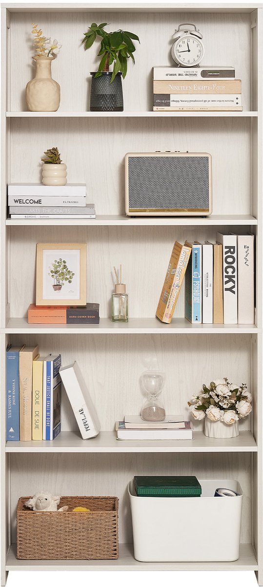 Boekenkast met 5 Niveaus - 68 inch Open Houten Boekenkast met Opberg- en Organizervak, Ideaal voor Bibliotheek, Slaapkamer, Vrijstaand, Wit (8721334111744)