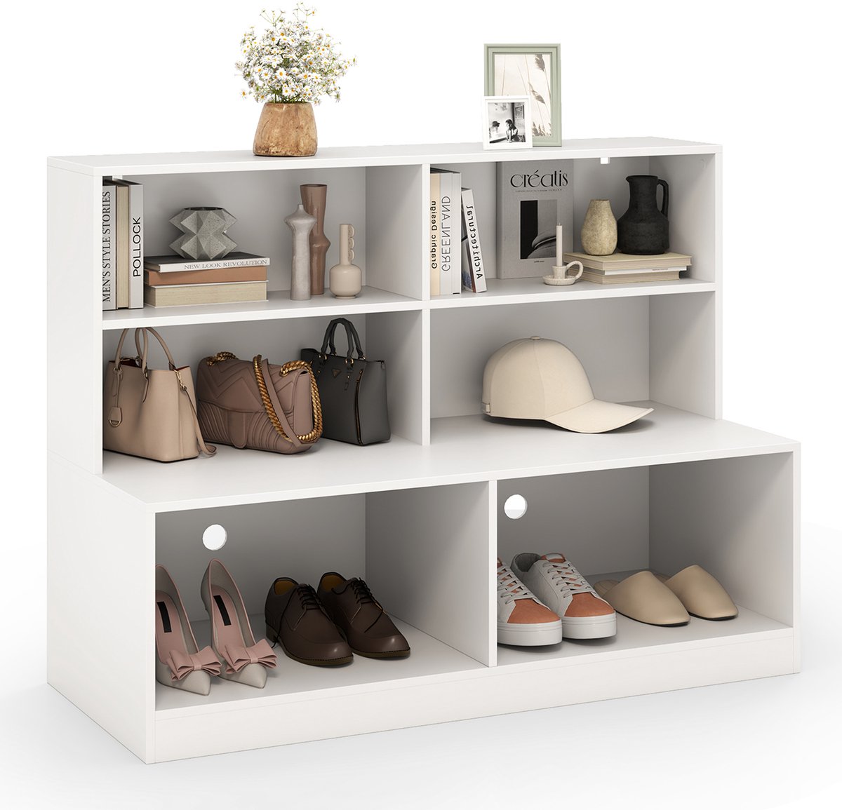 COSTWAY Schoenenkast, 2-in-1 combinatie van rek en schoenenbank, moderne schoenenorganizer met 6 vakken, voor woonkamer, hal, entree, wit, 120 x 50 x 90 cm (0015706652682)