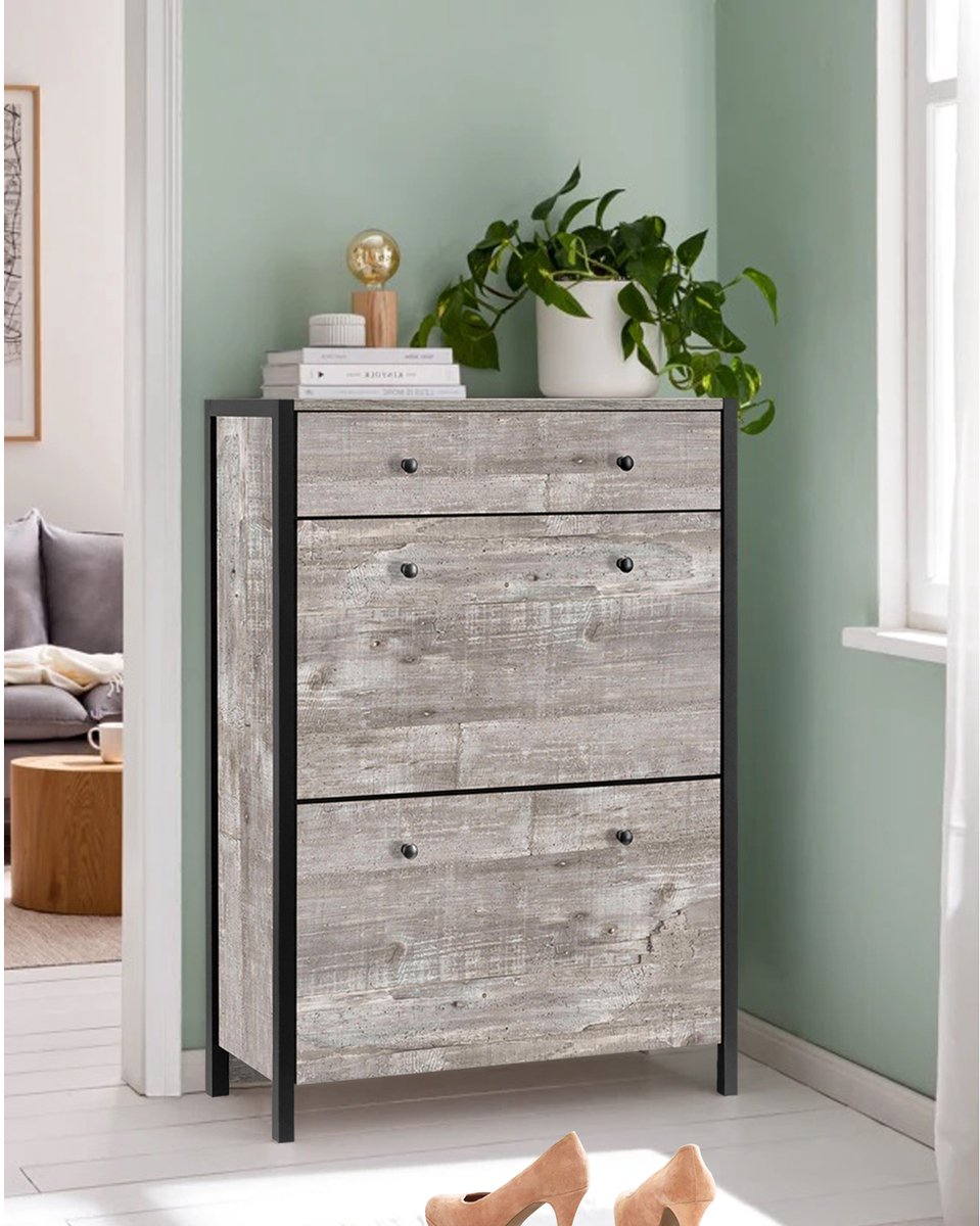 Chris|Schoenenkast met 2 kleppen en 1 lade in houtlook betonzwart (5711950077701)