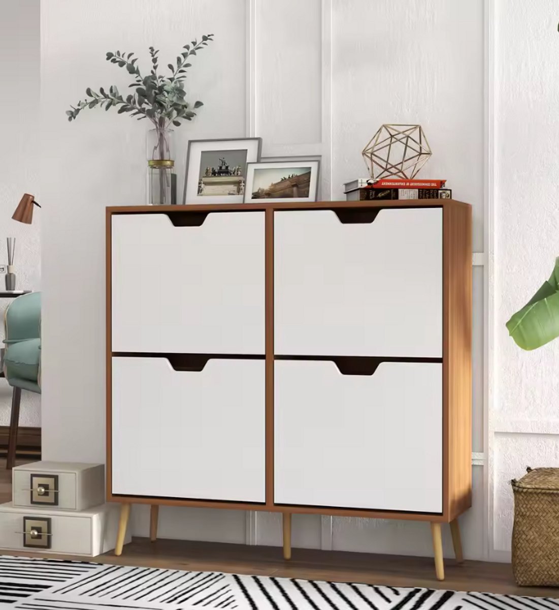 Design Schoenenkast met 4 Kleppen - Smal & Ruimtebesparend - 95×95 cm - Houten Frame & Witte Fronten - Moderne Schoenenopberger voor Hal/Woonkamer (4800325337371)
