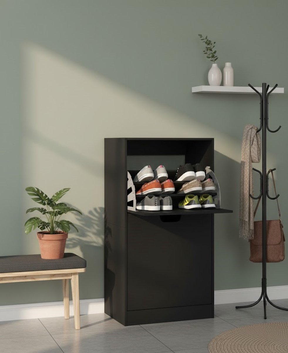 Elegant Schoenenkast met 2 Klappen - Zwart, 60x42x108 cm - Ruime Schoeplopslag voor Hal en Gang, Modern Minimalistisch Schoenrek, Praktische Flurgarderobe - Medahomestore (9501493842845)