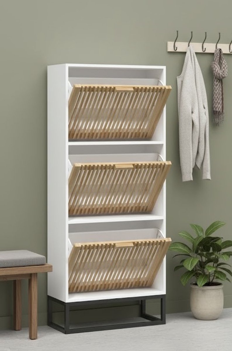 Elegante Wit Schoenenkast 52x25x120 cm - Duurzaam Houten Opbergkast met Stabiele IJzeren Poten - Ruime Schoenorganisator voor Flur en Woonkamer - Schoenopberging met Decoratieve Oppervlakte voor Planten en Vazen Medahomestore (9505266345557)