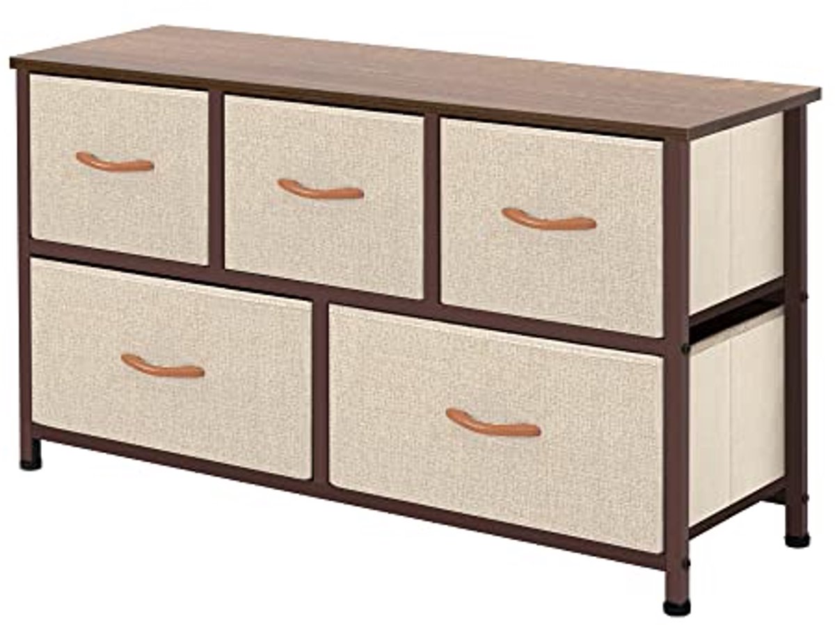 Extra brede dressoir opbergtoren met stalen frame en 5 stoffen laden - Organiseringsoplossing voor slaapkamer en entree (6153945317352)