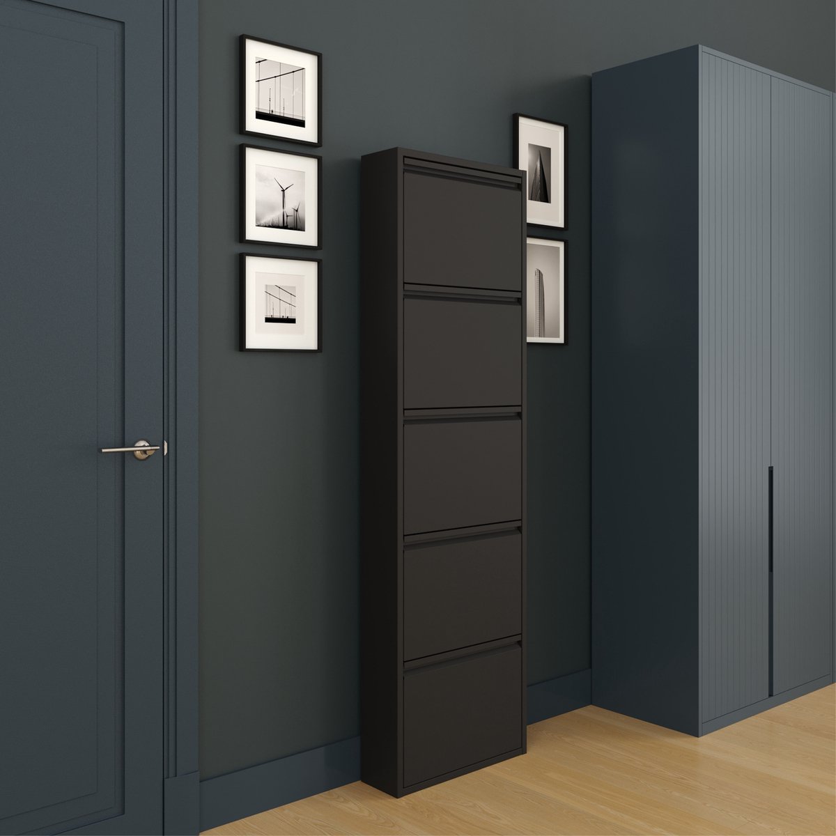 Furni24 Shoe closet, metaal 50 x 15 x 170 cm, zwart RAL 9005 (8684032204807)