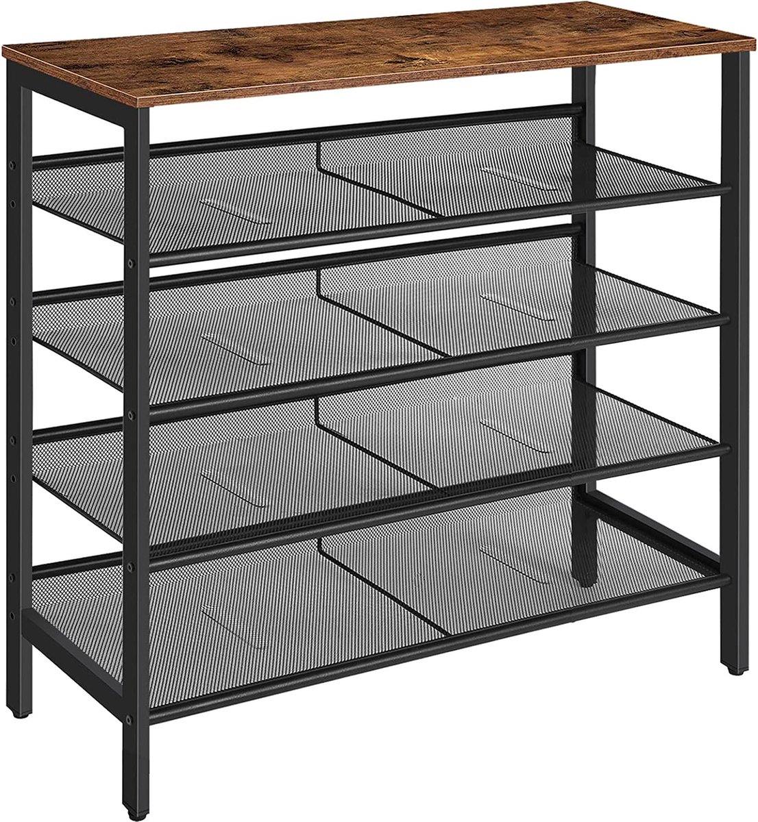 Furnibella - Schoenenrek, 5-laags schoenenkast, verstelbaar schoenenrek, schoen organisator, platte en kantelbaar, voor 12-16 paar schoenen, stal, voor gang, woonkamer, vintage bruin-zwart EBF01XJ01 (7806139446947)