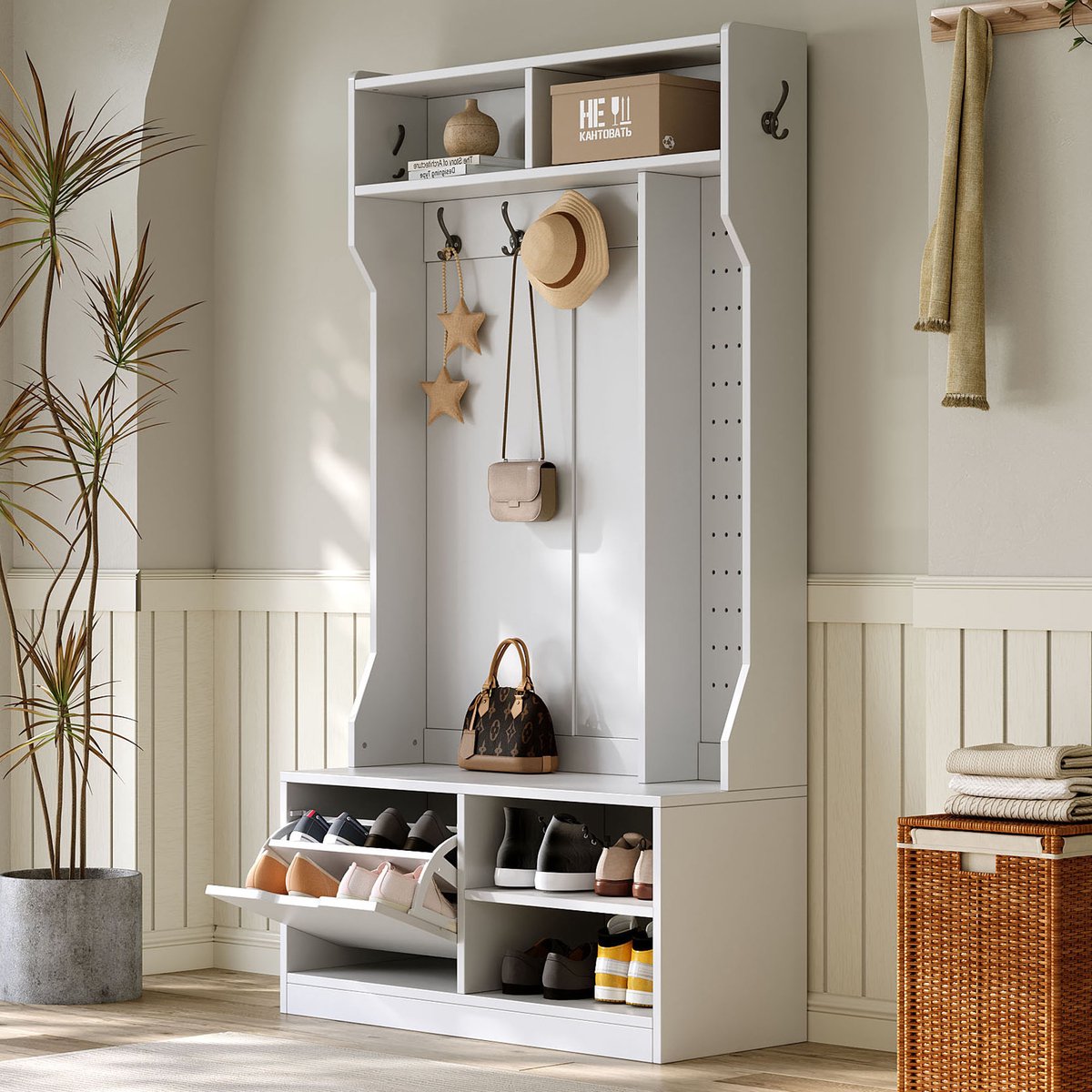 Garderobeset - complete gangkast met zitbank - 6 haken - 1 deur en 4 open opbergvakken - wit - 100x40x185 -5 cm (5063371481910)