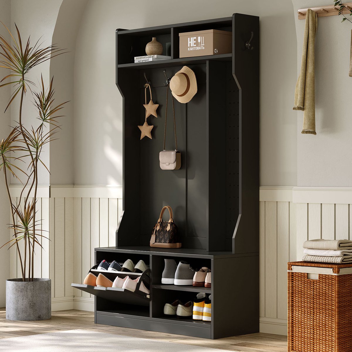 Garderobeset - complete gangkast met zitbank - 6 haken - 1 deur en 4 open opbergvakken - zwart - 100x40x185 -5 cm (5063371481903)