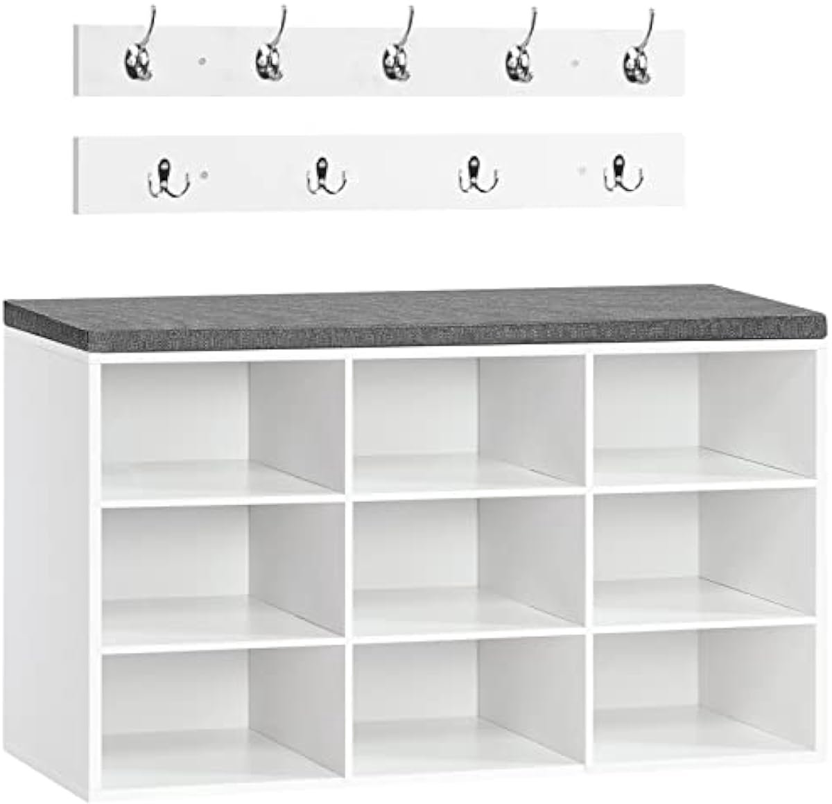 Garderobeset met Schoenenbank - Voor Hal en Entree - 1 Set - Bank met 9 Vakken en 9 Haken - Wit - Hout/Metaal (8785341269515)