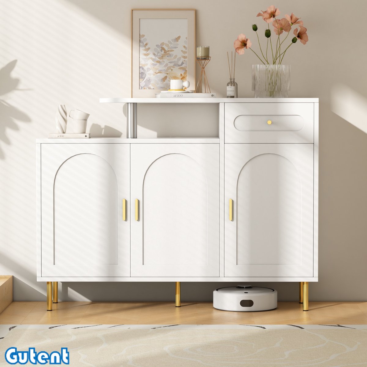 Gutent Schoenenkast - met metalen handvat - 1 lade en 3 deuren - metalen poten - Wit - Afmetingen: B120 × H92 × D35 cm (6270186521604)