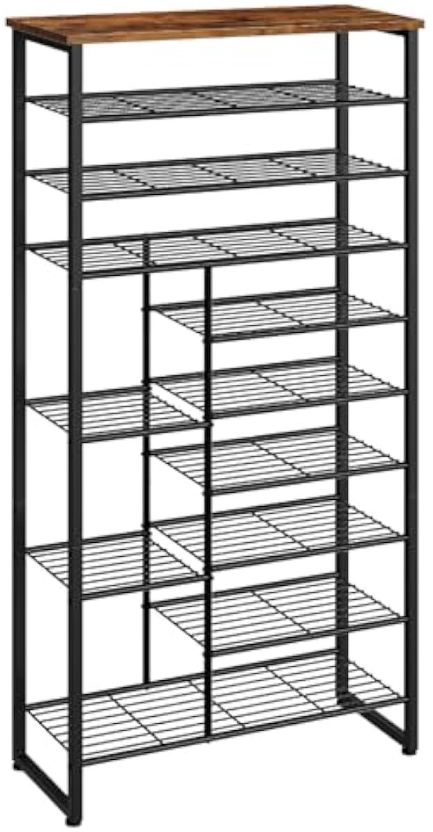 Hoog Schoenenrek - Voor Hal en Slaapzaal - 1 Stuk - 10 Niveaus - Rustiek Bruin/Zwart - Metaal/Hout (8785341269249)