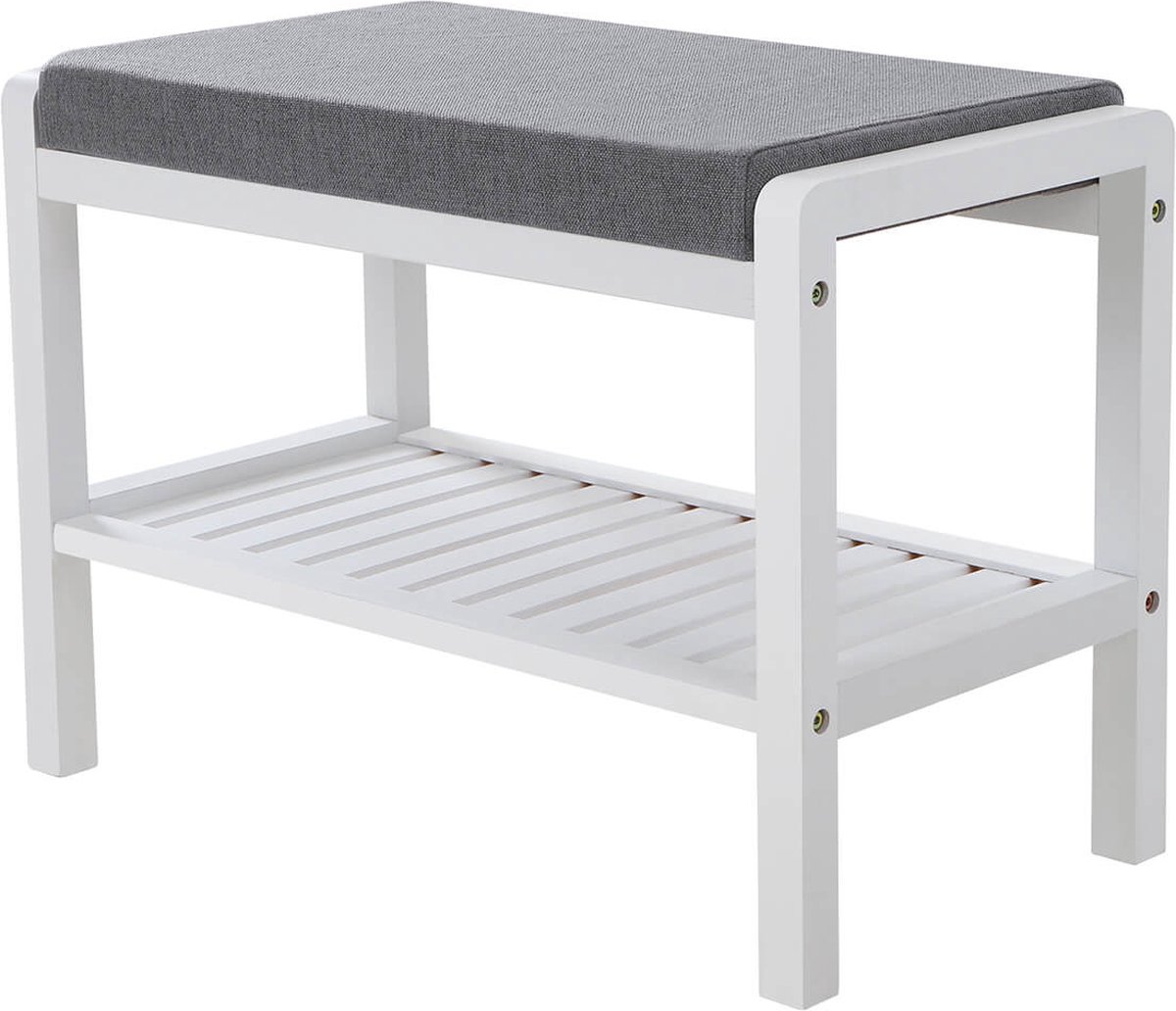Hoppa! Bamboe zitbank schoenenkast met zitkussen schoenenrek schoenenbank met 2 planken voor woonkamer, slaapkamer, hal, hal 60 x 43 x 32 cm (B x H x D) wit en grijs (8720574117318)