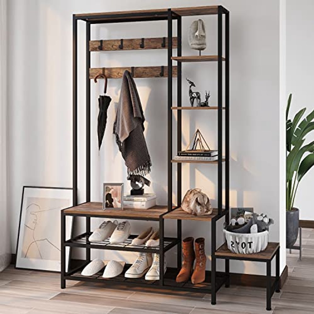 Houten Hal Organizer met Bank en Schoenopslag - 4-Laags Kleding Plank en Kapstok (6153946168168)