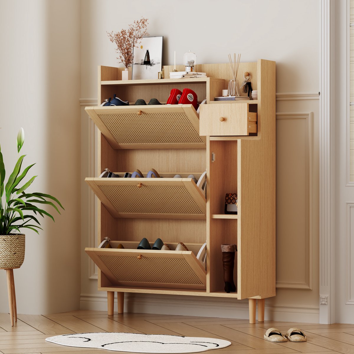 Houten rotan schoenenkast - voor smalle ingangen - 3 schuine deuren en 1 lade - 90x17x125cm - Houtkleur (5063371375547)