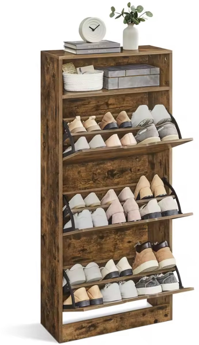 Industrieel Schoenenrek Kast met 3 Kleppen - Vintage Hout - Ruimtebesparende Schoenenkast met Opbergruimte - 60x24x139 cm - Voor 12-18 Paar Schoenen (8721381160382)