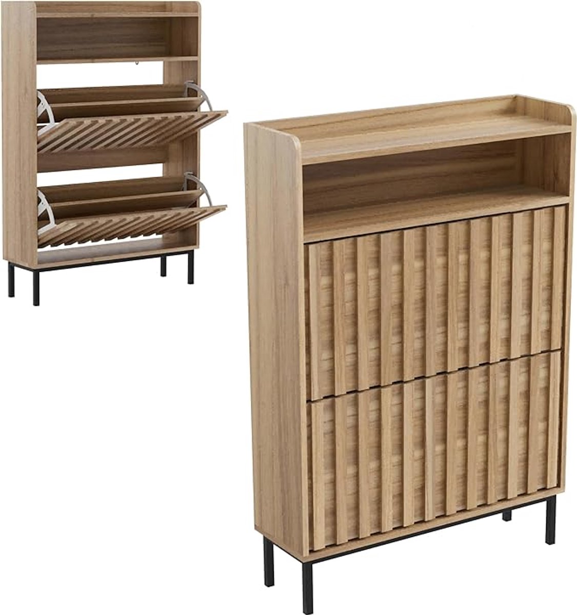 Kantelbare schoenenkast met 3 vakken - 2 schoenenvakken + 1 open plank, lijnpatroon, verstelbare en afneembare planken, 80x24x117 cm, natuurlijk hout (5487571670590)