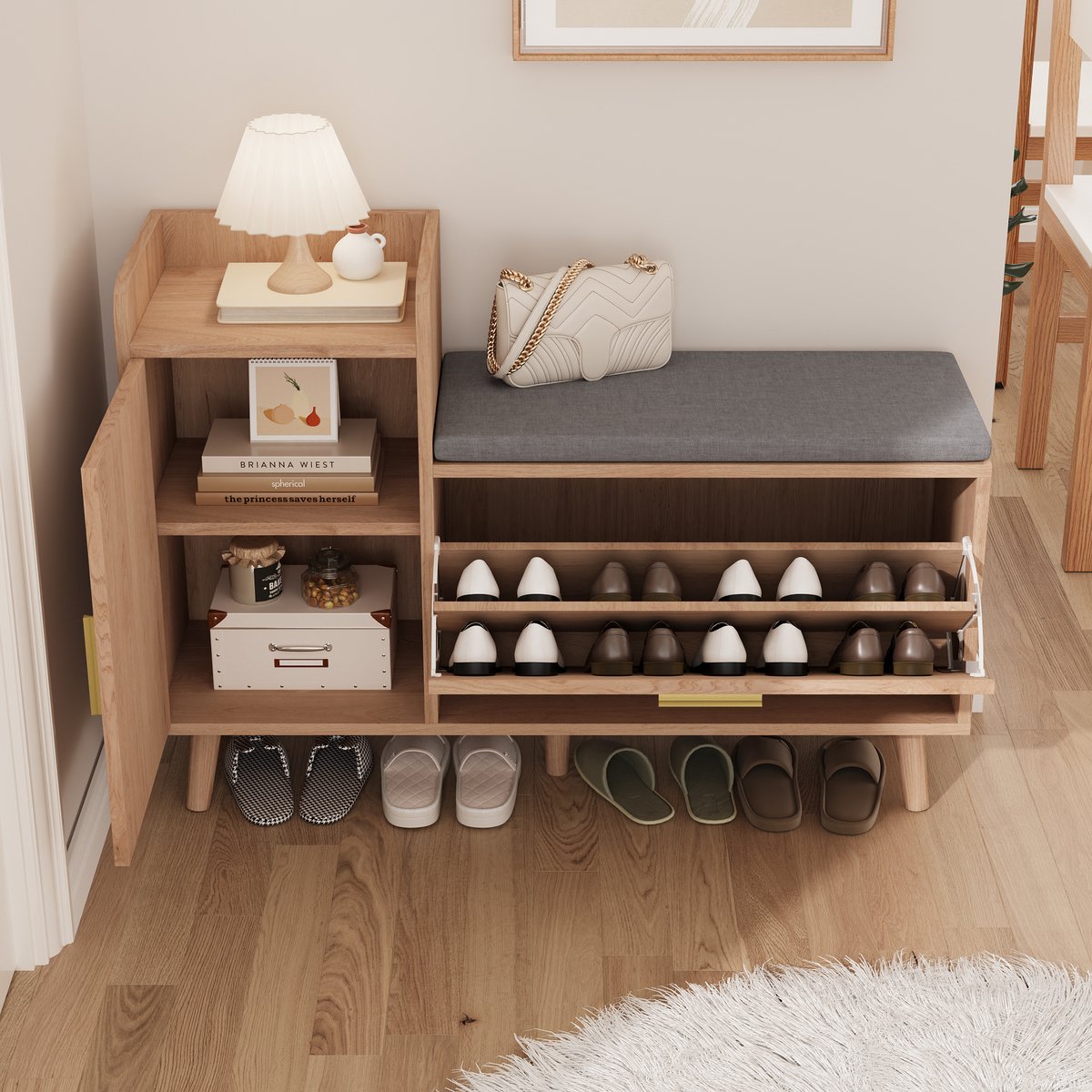 Klassieke schoenenkast, retro-stijl schoenenbank voor 6-10 paar schoenen, schoenenbank voor de entree, met kussen, klepdeur en verstelbare planken, hoogwaardig MDF-materiaal (5062691484786)