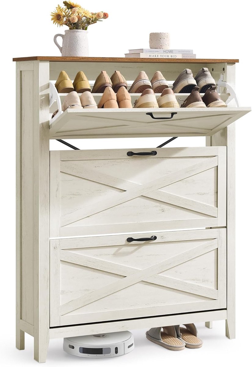 LIRY Collection Schoenenkast - 3 kleppen, vrijstaand smal schoenenrek voor 18-24 paar schoenen, landelijke stijl, vintage wit, ideaal voor entree (5487571667163)