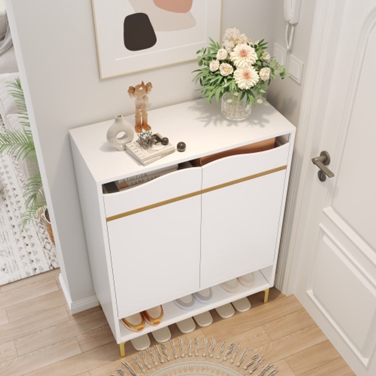 Learnlogic moderne witte schoenenkast met LED 16 kleuren - ruimtesparende gangkast 80x35x105 cm met laden & opbergruimte - design, verlichting voor gang, woonkamer & ingang (4000340286832)