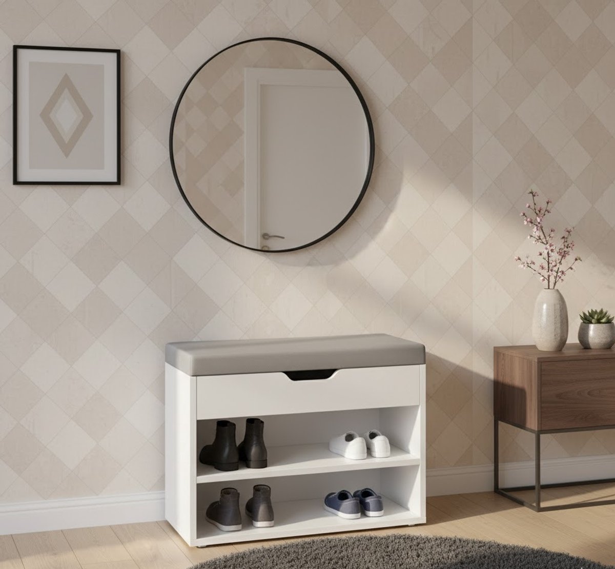 Luxe 3-Laags Schoenenbank met Gevoerd Kussen - Wolkenwit, 30 x 60 x 44 cm - Medahomestore (9503454622565)