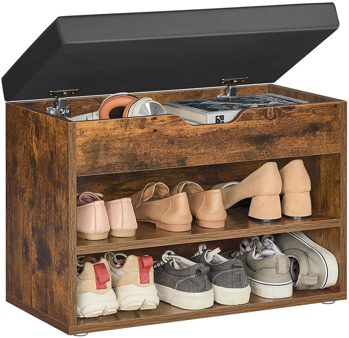 Luxe Schoenenbank met 3 Niveaus Industrieel Design - Vintage Bruin Houten Zitbank met Kussen - Schoenenrek met Opbergruimte voor Hal, Woonkamer & Slaapkamer - Medahomestore (9502679733421)