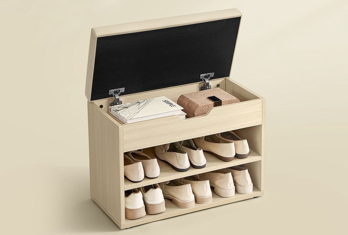 Luxe Schoenenbank met Kussen - 3-Laags Schoenenrek & Opbergbank - 30x60x44 cm - Naturel Beige - Industrieel Design - Halmeubel met Comfortabel Zitkussen - Compact Schoenen Organizer - Medahomestore (9506452824184)