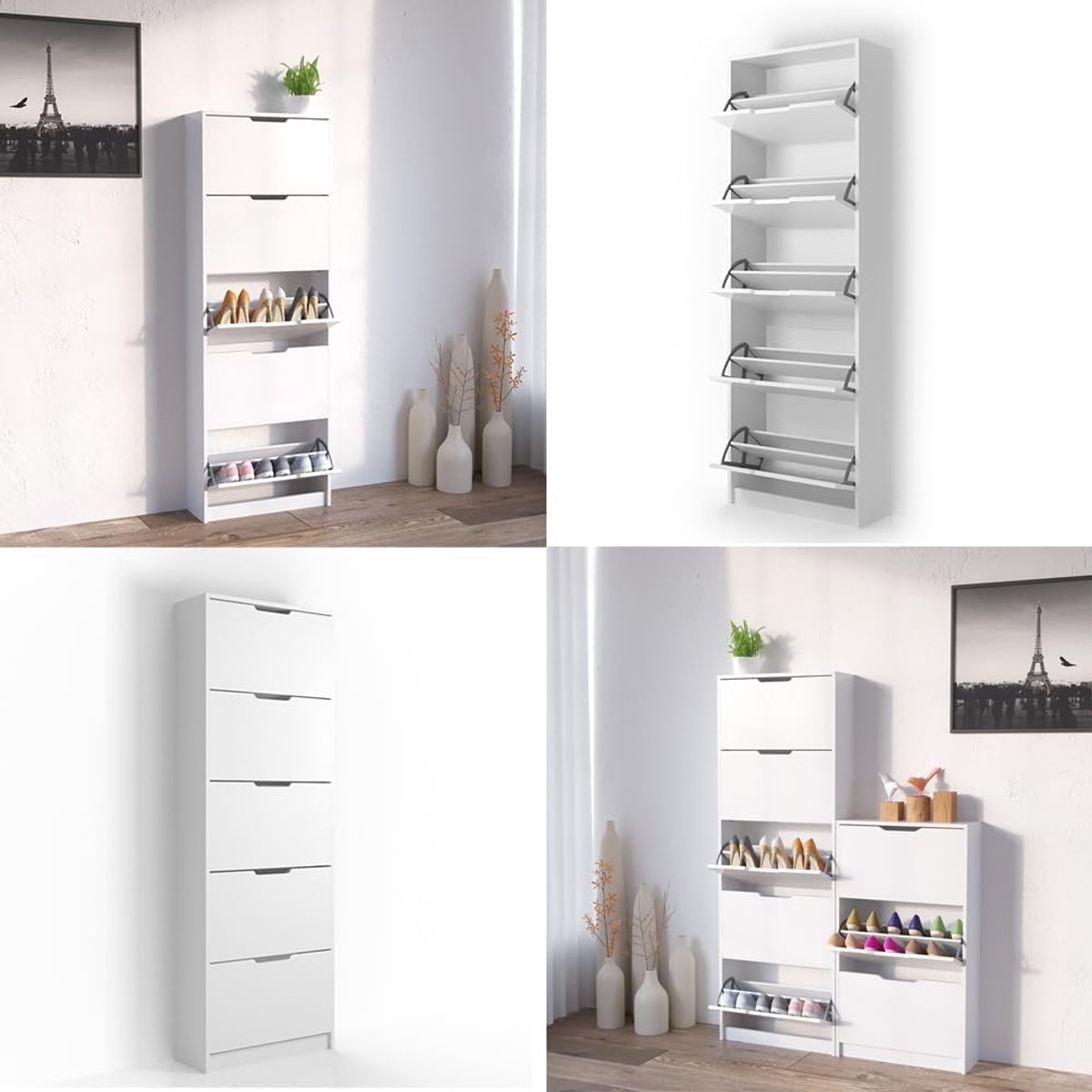 Luxe Schoenenkast Luca Deluxe - Wit - 5 Klepvakken - Modern Schoenenrek - Ruimtebesparend Wandmodel - Voor Hal, Gang of Slaapkamer - Eikenlook - Strakke Afwerking - Stijlvol & Functioneel Design (9502928262658)