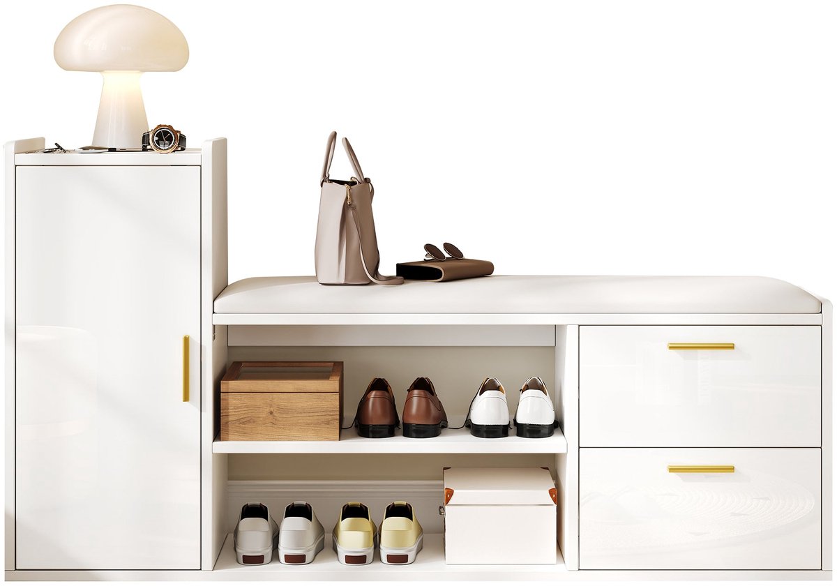 Merax Schoenenbank - 128x30x68cm - Witte Schoenenkast met 2 Lades en 1 Deur - Hoogglans Opbergkast met Kussen - Moderne Halbank met Open Schoenenrek (8721178477297)