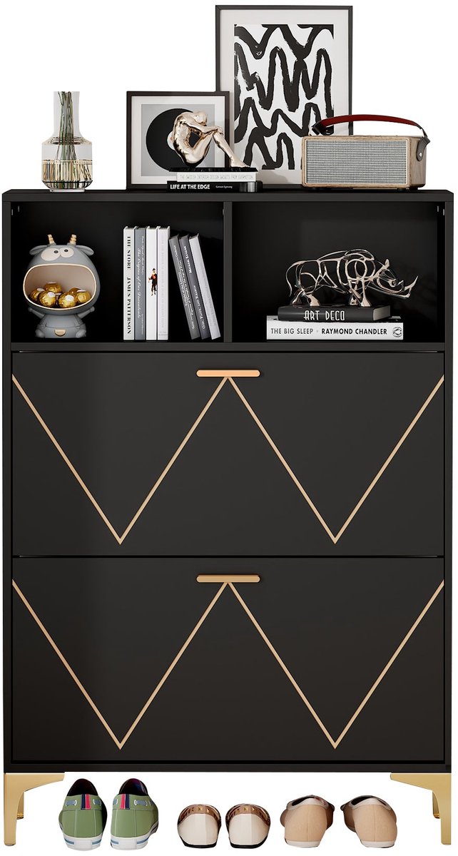 Merax Schoenenkast - 80x25x117cm - Zwarte Schoenenkast met Klepdeuren en Open Planken - Smalle Opbergkast met Metaalpoten - Modern Halmeubel met Extra Opbergruimte (8721178477174)