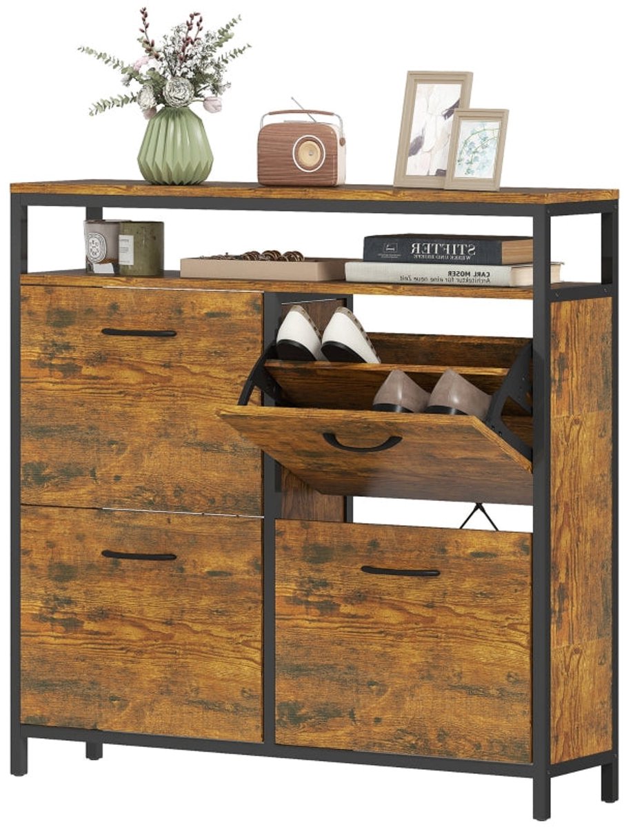 Merax Schoenenkast met 4 Klapladen - Smalle Industriële Schoenenkast voor 12-20 Paar - Schoenenorganizer met Open Legplank - 98×24×95 cm - Rustic Brown/Zwart (8721178478324)